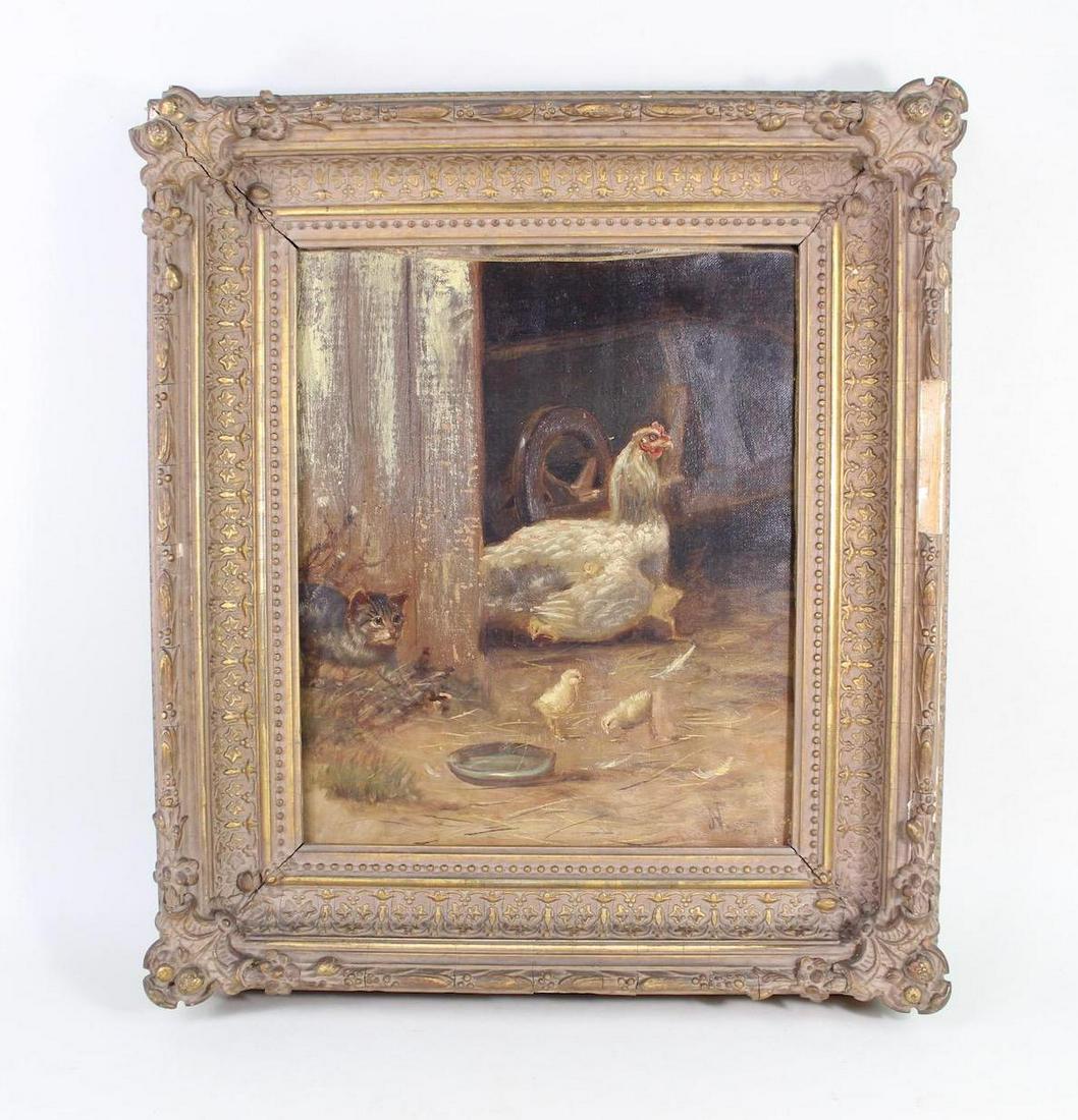 Antique Barnyard Farm Painting,Cat & Chicken,Signed JNH (1 of 16)