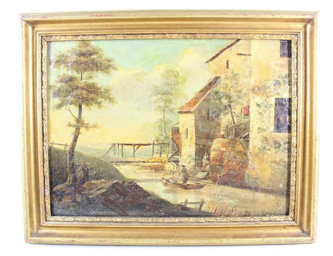 19th C Framed European Landscape Oil Painting,Canal (1 of 9)