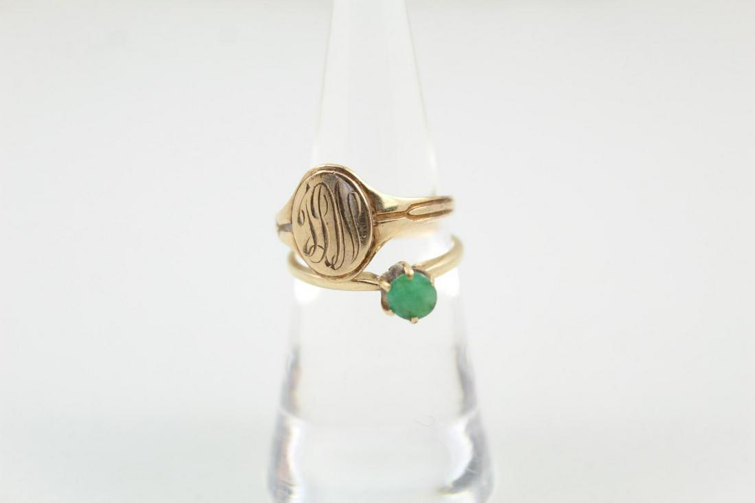 Pair of 10k Gold Rings, Emerald Solitaire & Signet,4.2g: Pair of 10k Gold Rings, Emerald Solitaire & Signet,4.2g. Lovely pair of 10k yellow gold vintage rings, both marked. One has an emerald solitaire, the other is a signet ring with engraved initials,TDN.