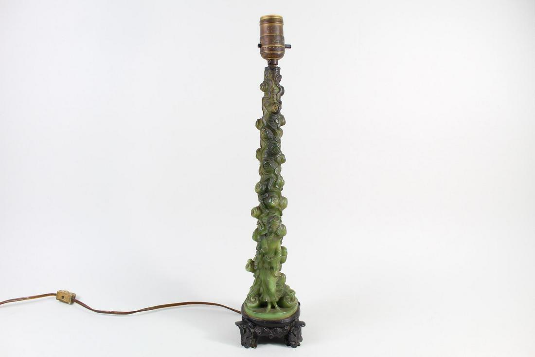 Chinese Guanyin Carved Faux Jade Lamp on Wooden Base (1 of 11)