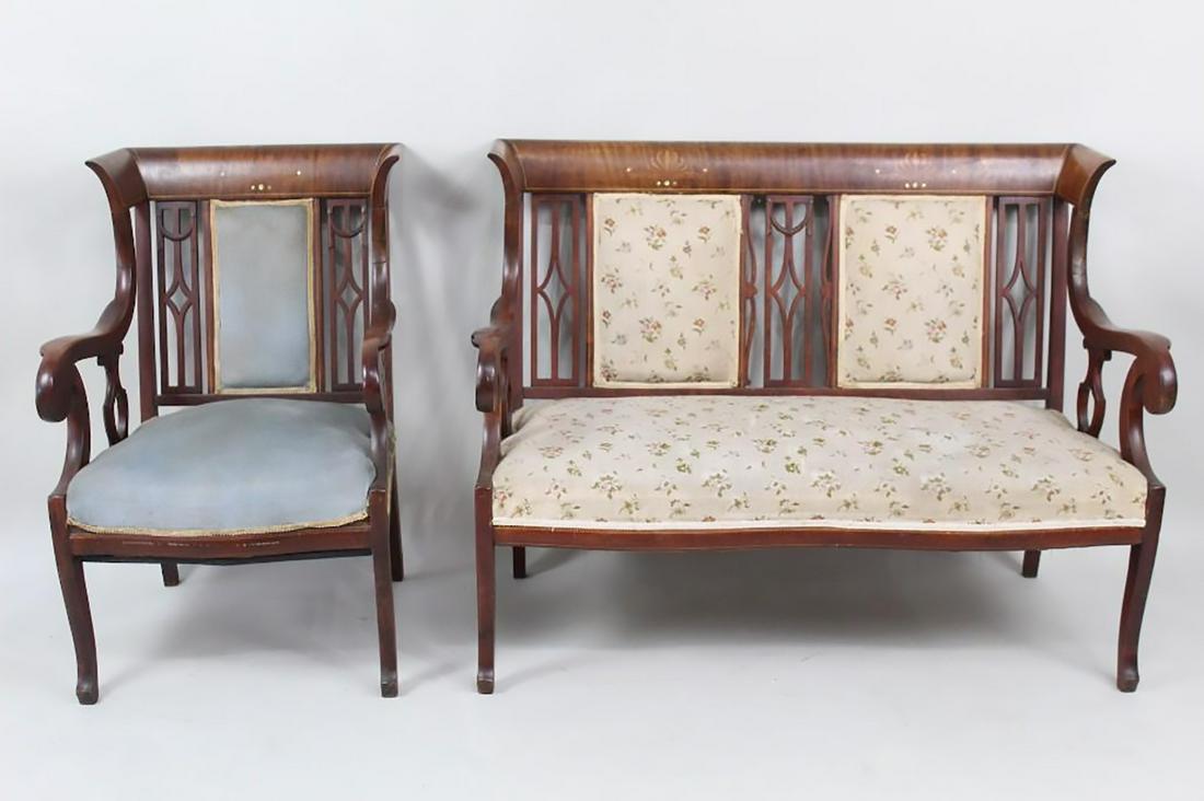 Federal Empire Style Mahogany Armchair & Loveseat: Federal Empire Style Mahogany Armchair & Loveseat. Elegant armchair and loveseat set. Wonderful inlay designs in contrasting wood and mother of pearl. Classic Federal style lines and carvings througho