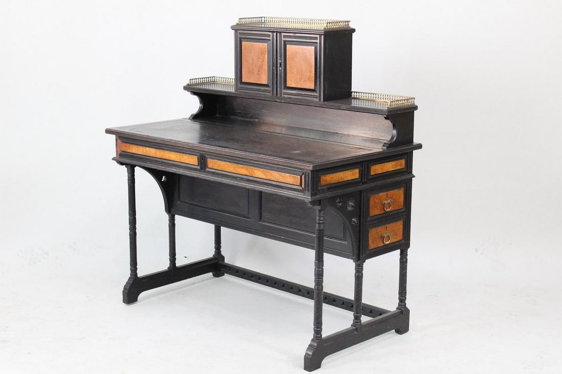 Antique Arts & Crafts Ebonized Wood & Burl Veneer Desk (1 of 11)