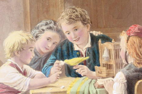 Framed Johann Meyer von Bremen Antique Color Lithograph: Framed Johann Meyer von Bremen Antique Color Lithograph. A color lithograph by Johann Georg Meyer von Bremen (German, 1813-1886), titled "The Children's Pet." Portraying a group of children seated aro