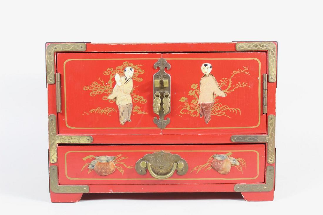 Chinese Red Lacquer w/Stone Inlay Jewelry Box Chest (1 of 18)
