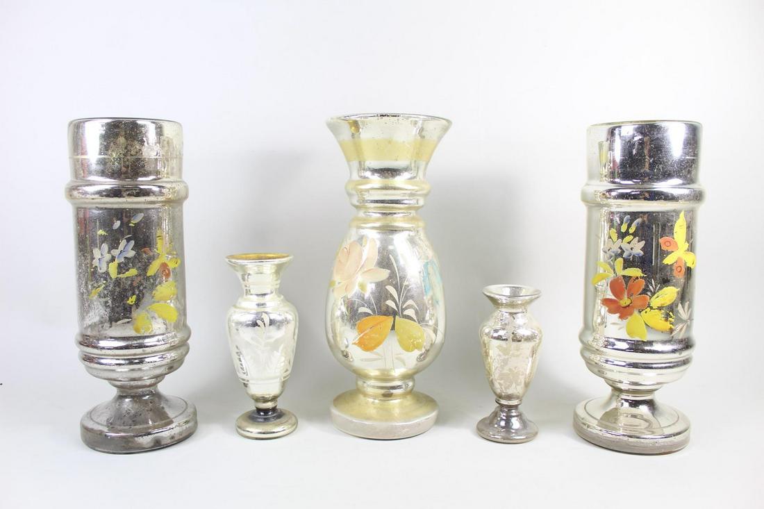 5 Antique Mercury Glass Vases w/Painted,Victorian (1 of 17)