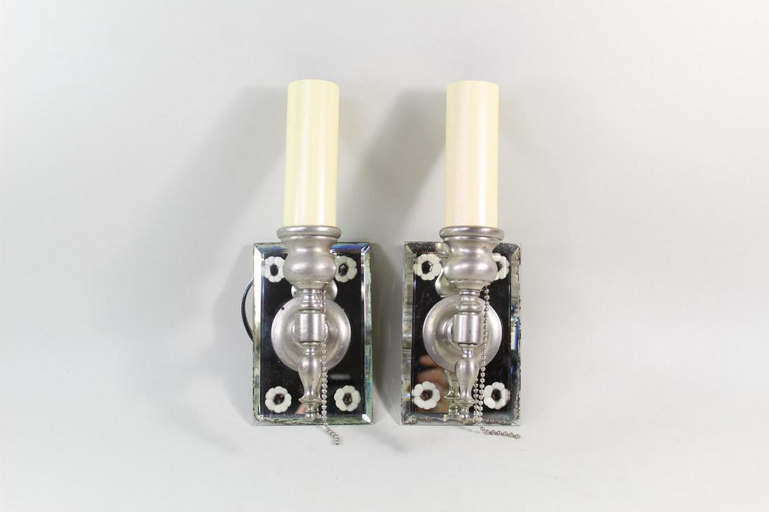 Pair of Art Deco Etched Mirror Sconces w/Flowers (1 of 10)