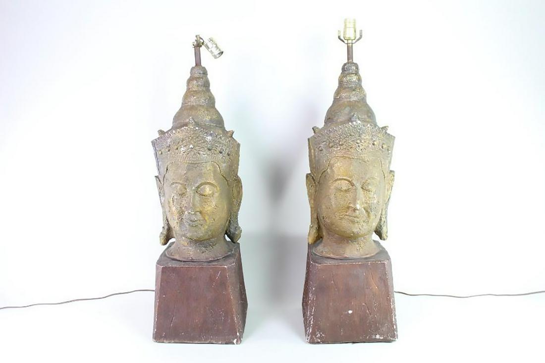 Pair of Gilt Buddha Head Lamps,James Mont Style: Pair of Gilt Buddha Head Table Lamps Frederick Cooper Style. Buddha heads in the Ayutthaya style with jeweled crown and facial features more typical of South Asian Buddha representations, are set upon