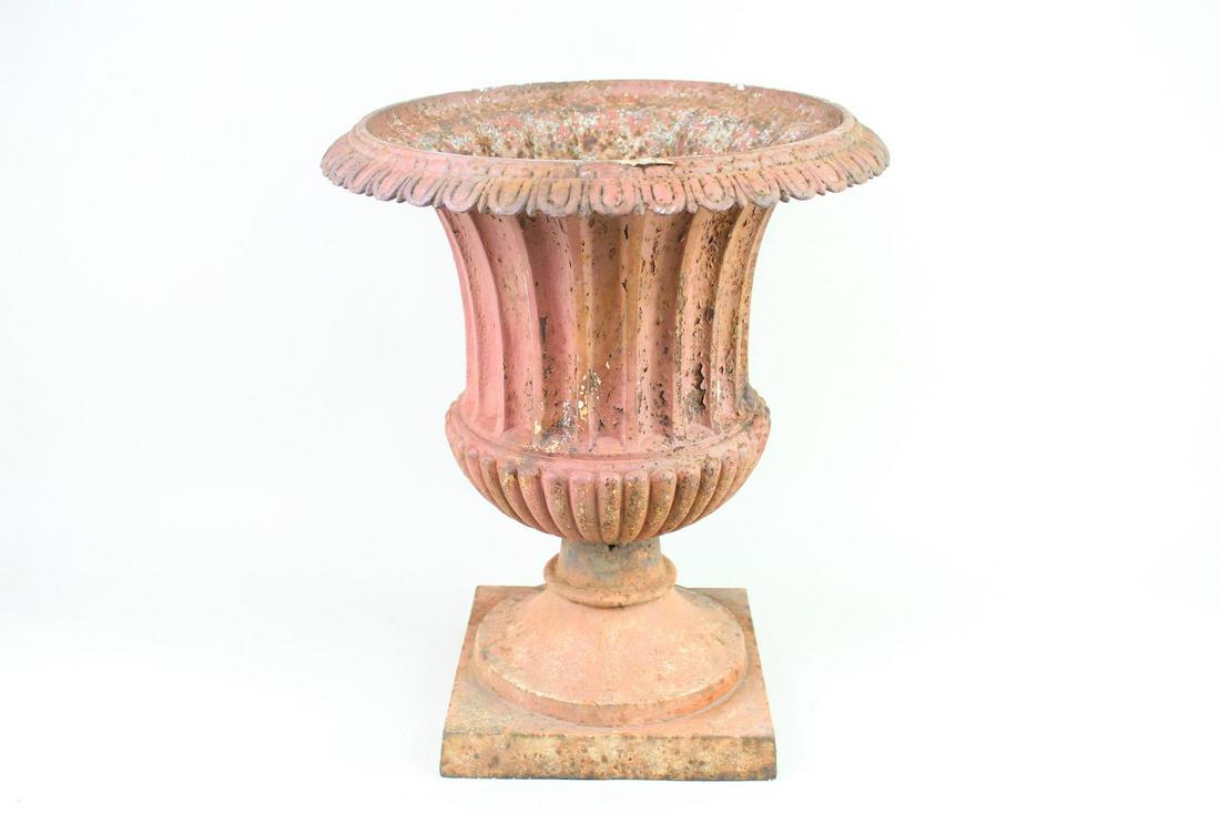 Painted Red Iron Urn Garden Planter w/ Heavy Patina (1 of 10)