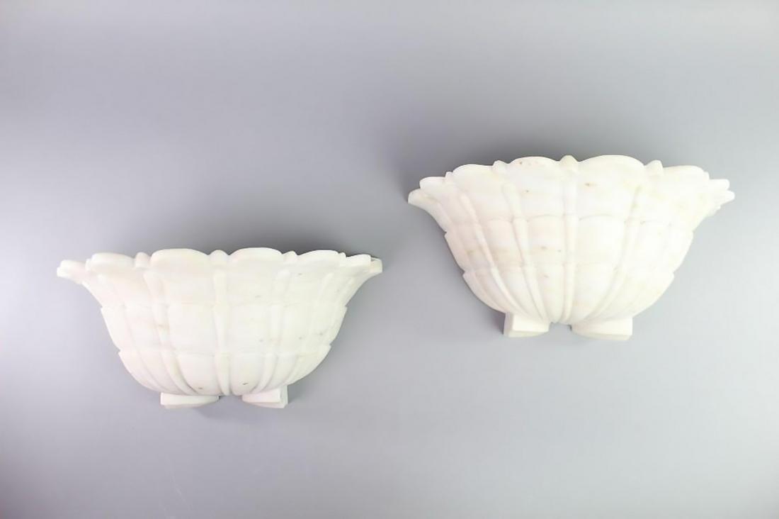 Pair Carved Alabaster ArtDeco Scallop Sconce Shades 1/4 (1 of 7)