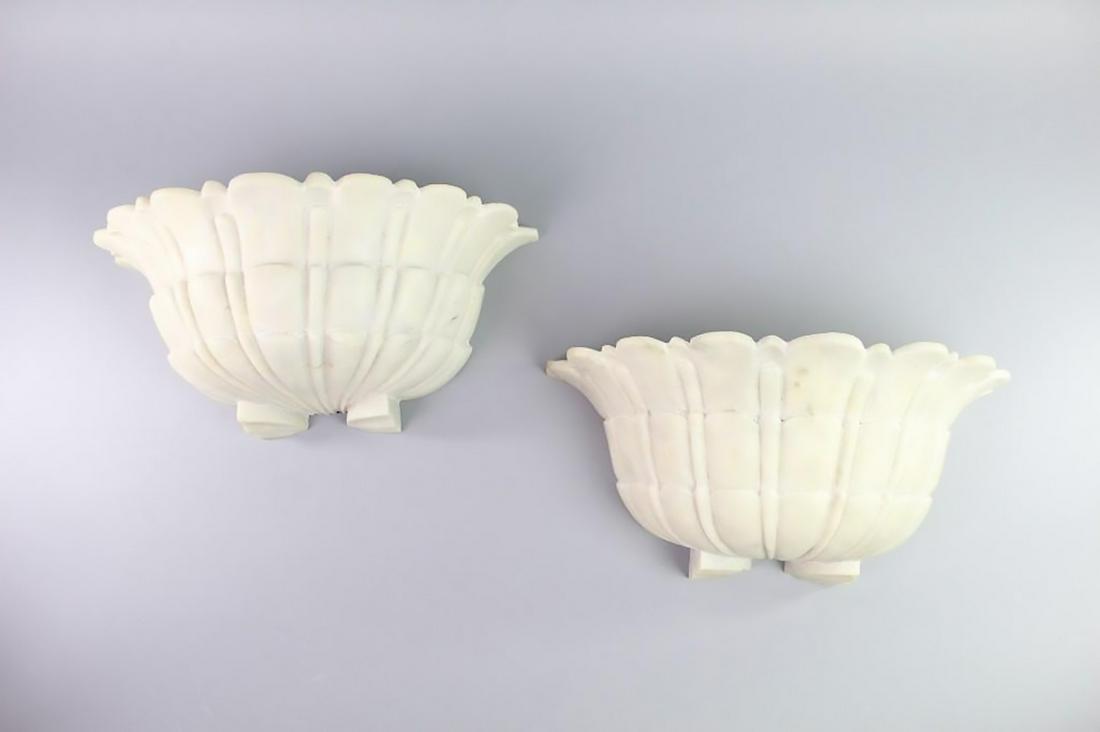 Pair Carved Alabaster ArtDeco Scallop Sconce Shades 4/4: Pair of Carved Alabaster Art Deco Scallop Sconce Shades, in a stylized shell-like or scallop shape, with foliate details. Probably looks stunning illuminated from behind, though heavy weight and flat 