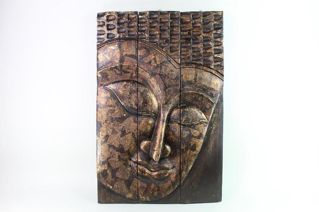 Large Carved Wood Buddha Wall Sculpture w/ Gold Finish (1 of 12)