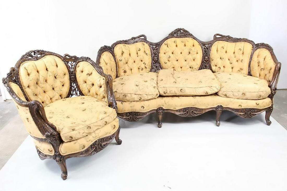 Victorian Carved & Tufted Revival Style Sofa & Bergere (1 of 20)