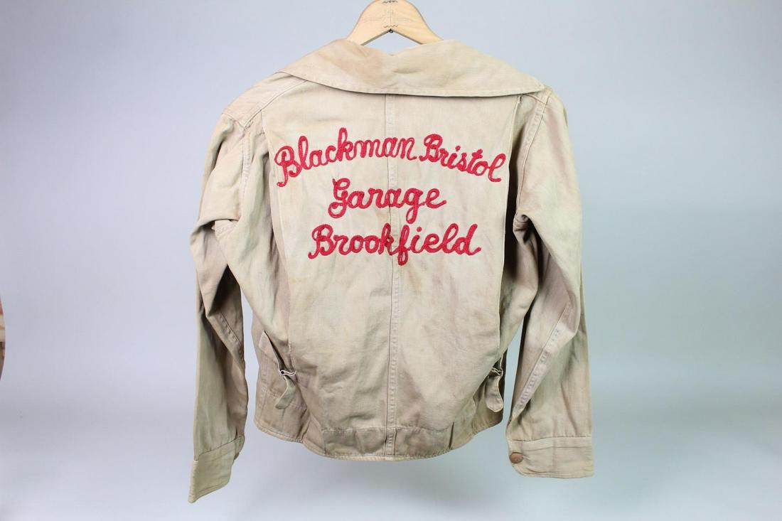 Vintage Car Club Jacket Embroidered,Brookfield CT: Tan Garage Jacket Red Embroidered Blackman Bristol. Worker's jacket from a parking garage operator or possibly garage door installer near Brookfield or New Milford, Connecticut. Luscious cursive lette