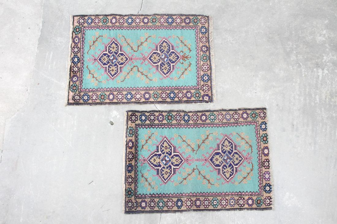 Pair of Small Aqua & Tan Floral & Geometric Wool Rugs (1 of 9)