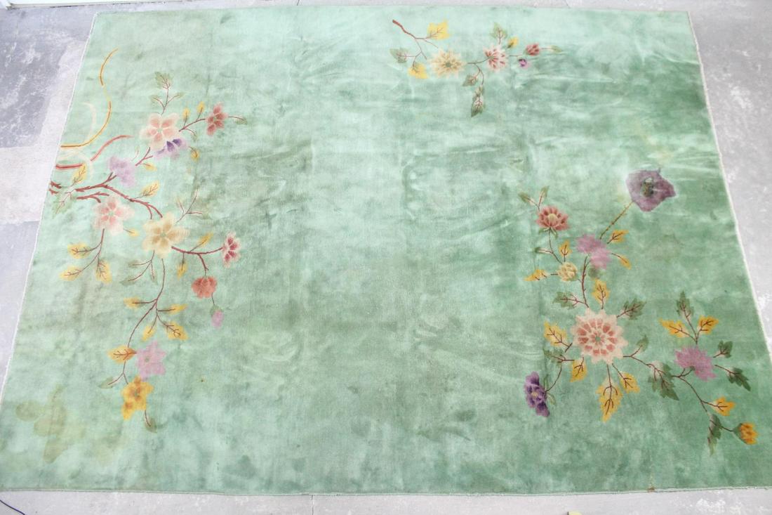 Large 11x8 Jade Green Oriental Art Deco Floral Wool Rug (1 of 11)