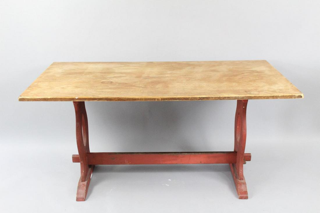Antique Dining Trestle Table w/Red Painted Base (1 of 10)