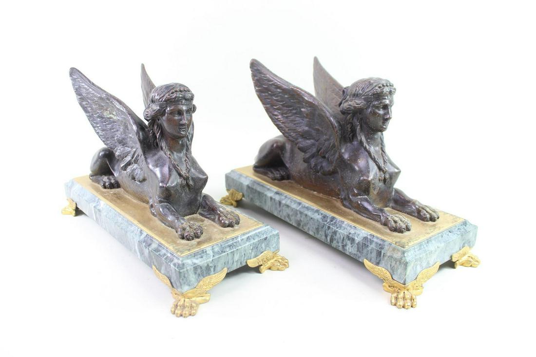 Pair Bronze Sphinx Andirons Chenet on Gilt Marble Bases (1 of 14)