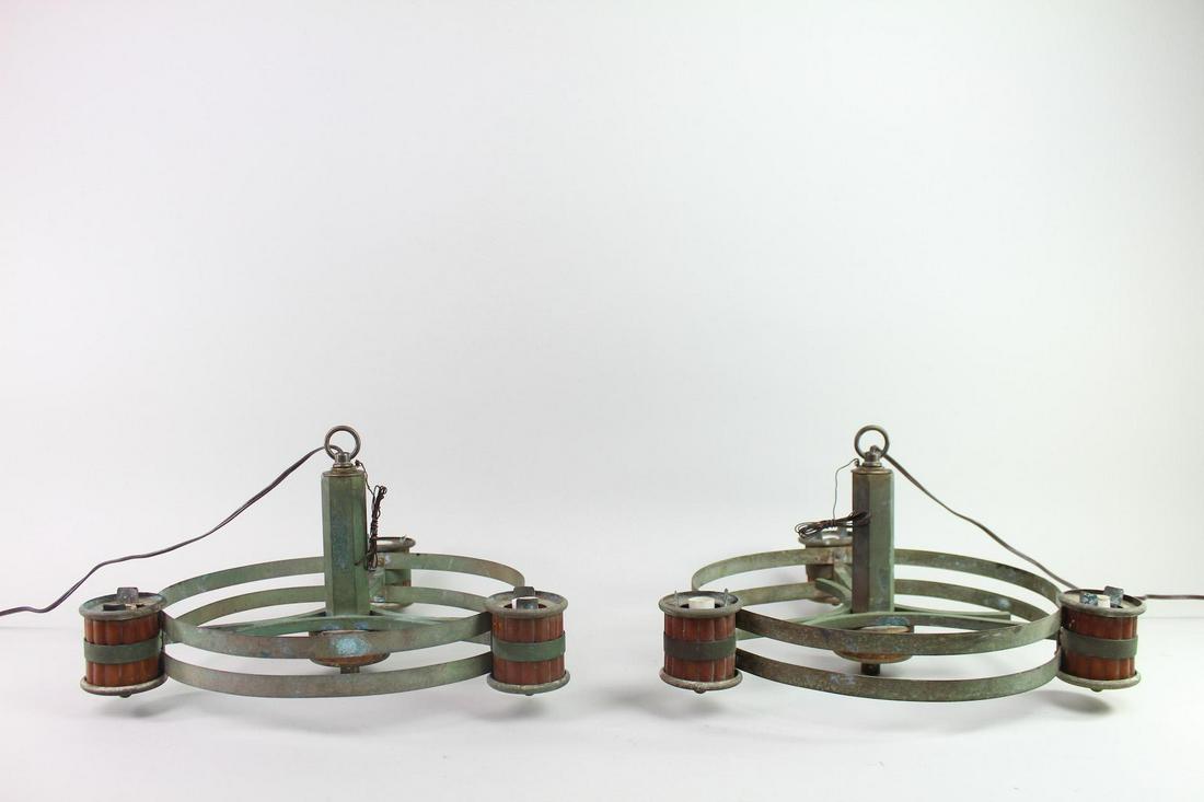 Pair Modernist Iron Bakelite & Tole Chandeliers, 1930s (1 of 12)