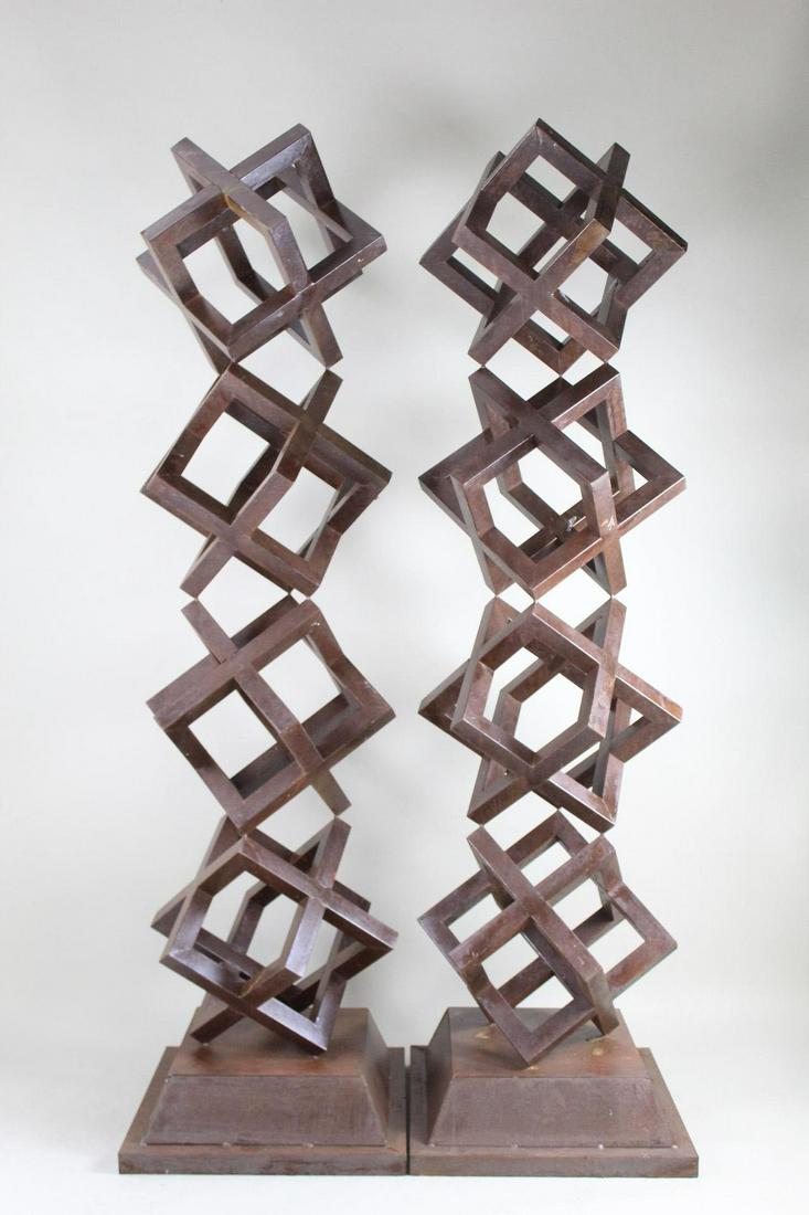 Pair Monumental 8' tall Modern Cubist Garden Sculptures: Pair Monumental Modern Stacked Cube Garden Sculptures. A pair of large, eight foot tall, modern sculptures composed of stacked cubes. Four segments welded together standing on its points, creating var
