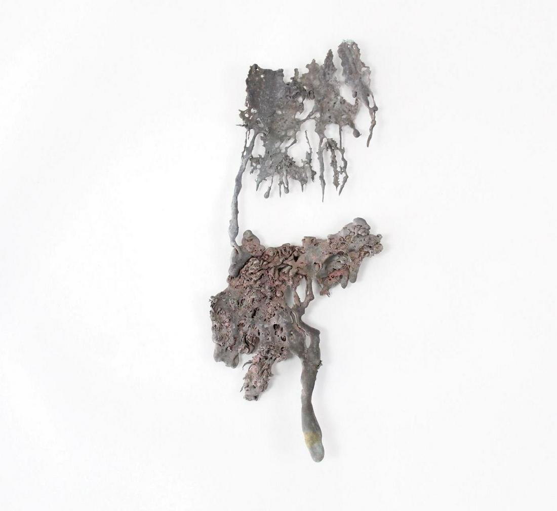 Brutalist Metal Slag Found Art Sculpture, Chemiakin, 27: Abstract Metal Splatter Found Art, Chemiakin 27 of 35 Mixed metals Weight: 2.5 lbs Dimensions are 1.75 in h x 19.25 in w x 7.5 in d. This metal slag piece was handpicked by artist Mihail Chemiakin (b.