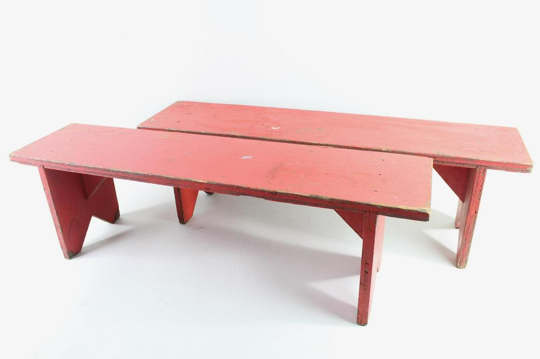Pair of Small Hand-Made Wooden Red Painted Benches (1 of 11)