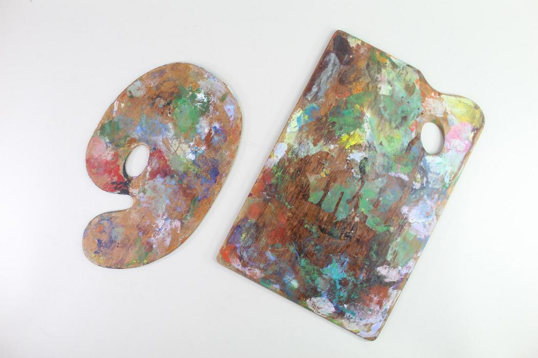 Pair of Artist Mihail Chemiakin Wood Painting Palettes: Pair of Mihail Chemiakin's Wooden Painting Palettes. Well-used patinated palettes from artist Mihail Chemiakin's studio; one is rectangular and the other shaped like a number 9, both with remnants of