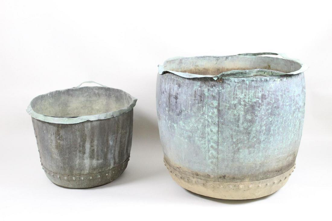 Pair Large Industrial Copper Cauldrons, Garden Planters (1 of 13)
