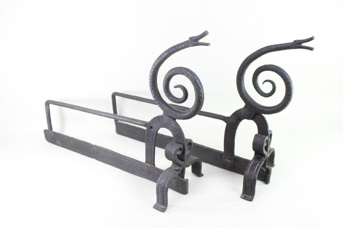 Pair Black Iron Curled Snake Serpent Andirons Firedogs (1 of 8)