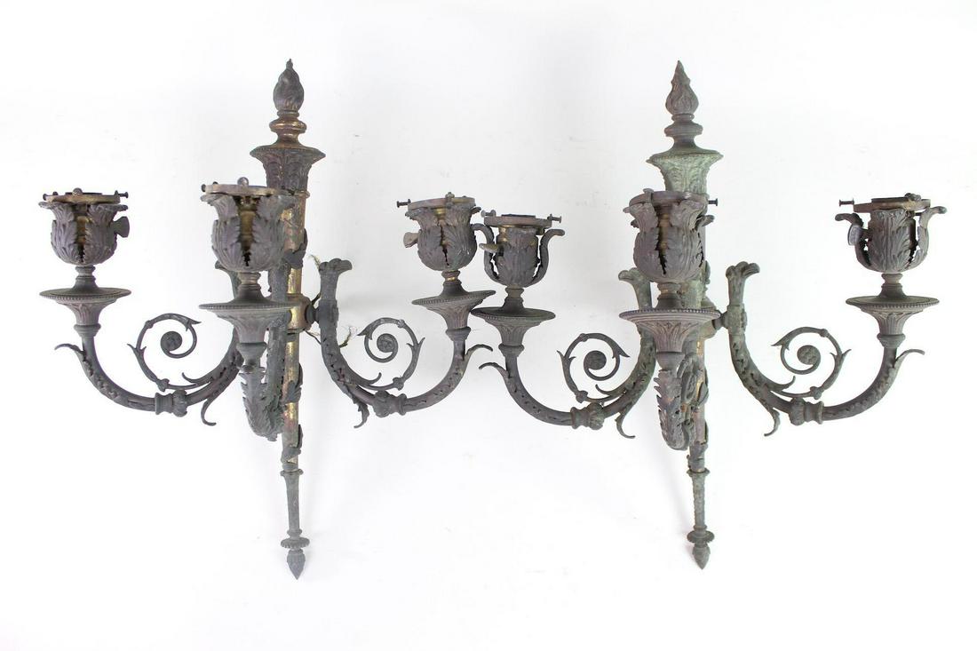 Pair Patina Bronze Foliate Griffin Torch 3-Lite Sconces (1 of 16)