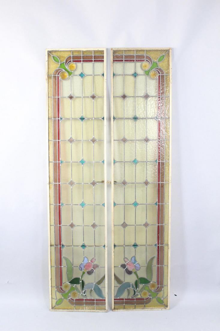 Pair Tall Victorian Architectural Stained Glass Windows (1 of 12)