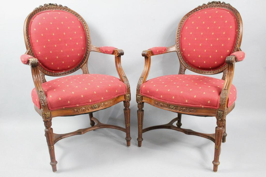 Pair of French Style Fauteuil Chairs w/Red Upholstery (1 of 14)