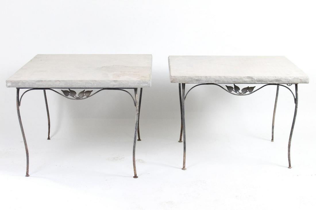 Pair Quarry Stone Top Wrought Iron Outdoor Patio Tables (1 of 16)