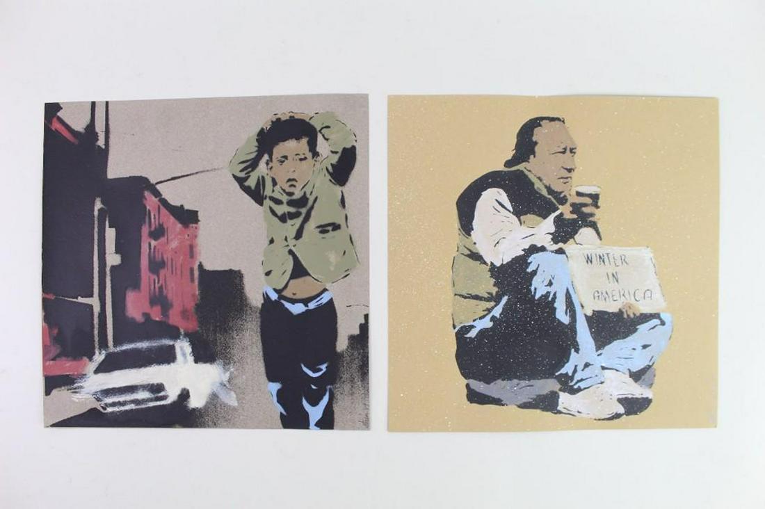 2 Chris Stain NYC Street Screenprints,Winter in America: 2 Chris Stain NYC Street Screenprints, Thought-provoking pair of silkscreen prints by NYC contemporary street artist Chris Stain (b. 1972.) One is titled Winter in America and is printed in blue, blac