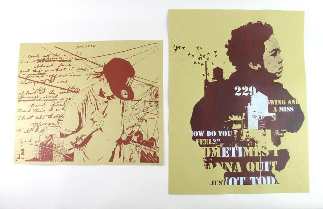 2 Chris Stain NYC Street Art Screenprints, Hit & A Miss: 2 Chris Stain NYC Street Art Screenprints. Thought- provoking pair of silkscreen prints by NYC contemporary street artist Chris Stain (b. 1972.) One is titled "You and Your Whole Race", printed in rus