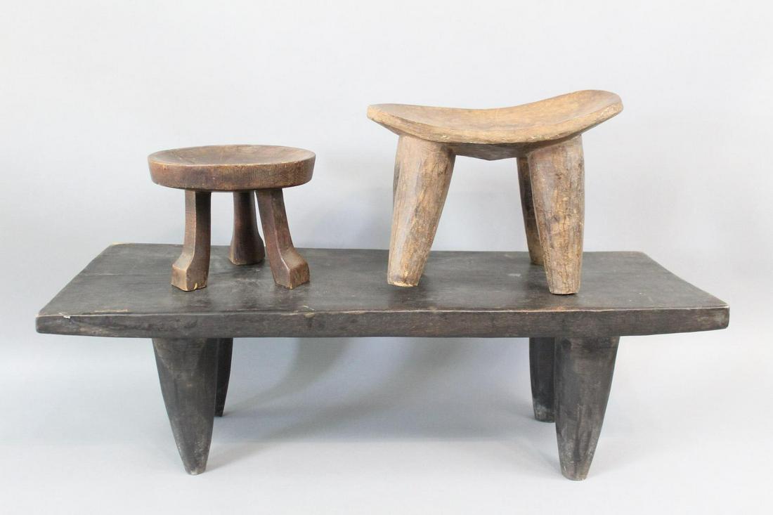 2 Carved African Stools & Bench, Senufo Ethnographic (1 of 12)