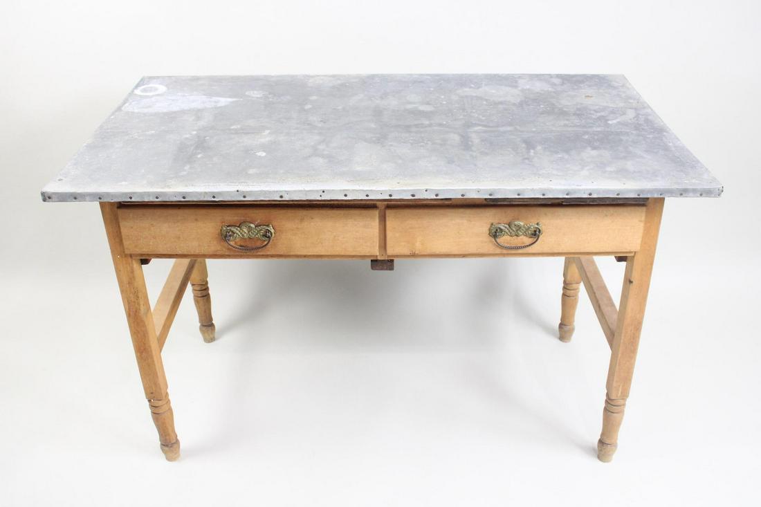 Pine Wood Zinc Top Desk Table & Pullout Surfaces, Primitive (1 of 12)