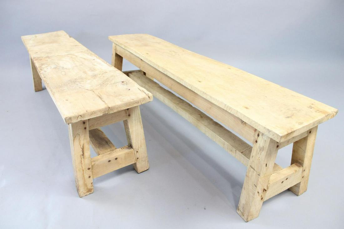 Pair of Primitive Handmade Short Wood Trestle Benches (1 of 9)