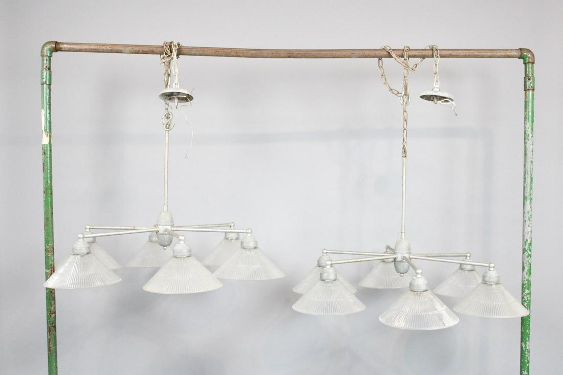 Pair of Art Deco Industrial Metal 6 Arm Chandeliers with Holophane Shades (1 of 9)
