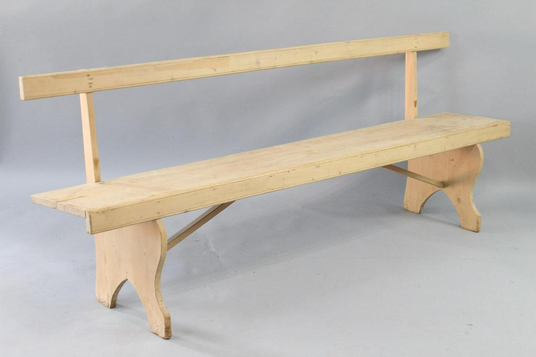 Primitive 7 Ft Pine Bench with Back, Shaker Style, Country Farm House: Primitive Pine Bench with Back, Country Farm House. Beautiful in its simplicity, bench has a slim wooden back, carved legs, and wooden supports underneath the seat. It has a Shaker Style to it. Visibl