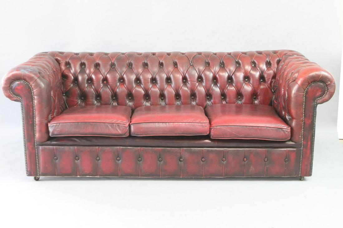 Oxblood Red Tufted Leather Chesterfield Sofa: Oxblood Red Leather Chesterfield Loveseat, Tufted 3 Seat Sofa. Handsome seat for 3 is made of leather in a rich oxblood color, with studded rolled arms and tufted back. Great patina. What a fabulous s