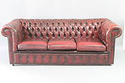 Oxblood Red Tufted Leather Chesterfield Sofa: Oxblood Red Leather Chesterfield Loveseat, Tufted 3 Seat Sofa. Handsome seat for 3 is made of leather in a rich oxblood color, with studded rolled arms and tufted back. Great patina. What a fabulous s