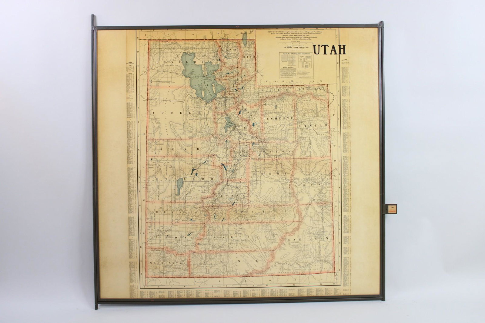 Large Cram's 1930 Double Sided Railway Map in Industrial Frame, Washington & Utah (1 of 13)