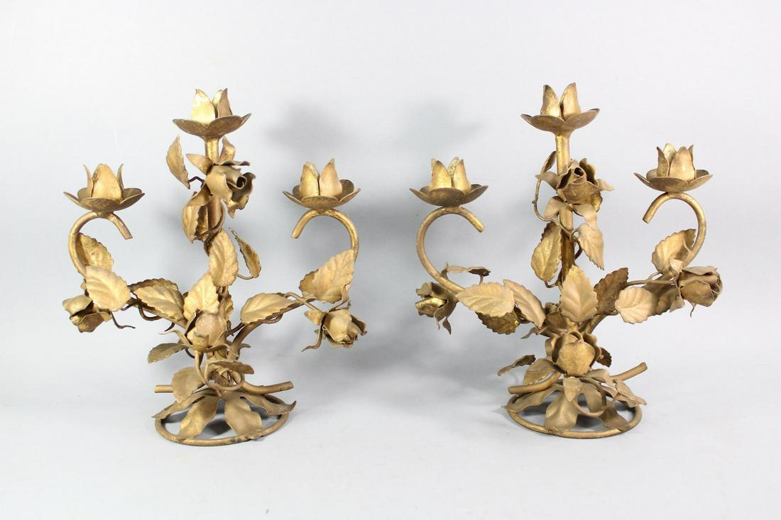Pair Neoclassical Rococo Gilt 3-Arm Rose Foliate Metal Candelabras (1 of 13)