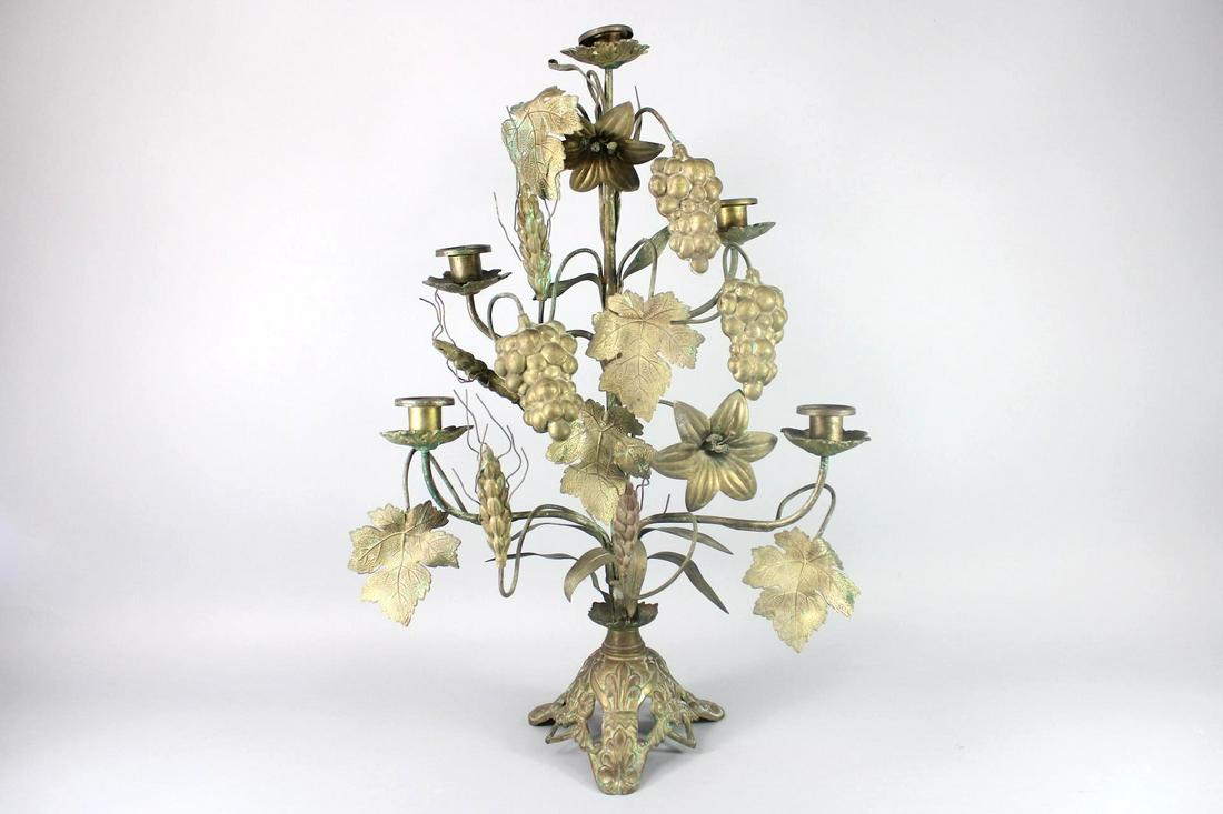 Ornate Brass 5-Lite Candelabra Candle Holder, Florentine with Grapes, Leaves, Wheat, Flowers (1 of 15)