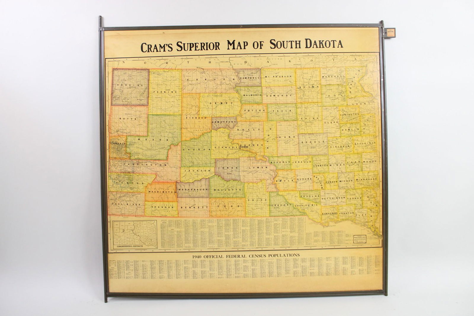 Large Cram's 1930 Double Sided Railway Map in Industrial Frame, South Dakota & Nebraska (1 of 15)