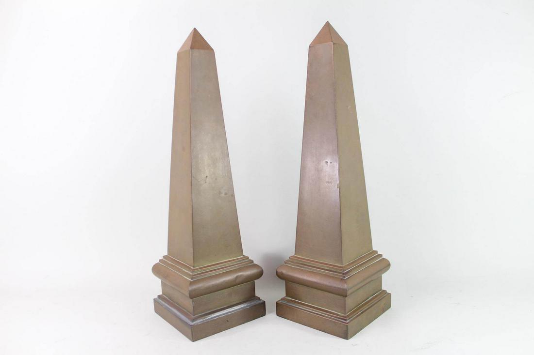 Pair Hollywood Regency Brass Obelisk Monument Sculpture (1 of 8)