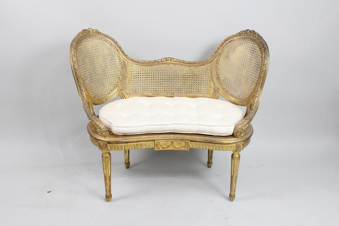 Fabulous Small Gilt Wood Caned 2-Seat Settee French Louis XIV Style (1 of 9)