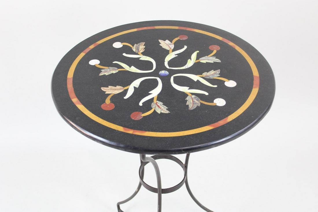 Italian Matici Style Inlaid Black Marble Table with Pietra Dura Marquetry on Metal Base (1 of 14)