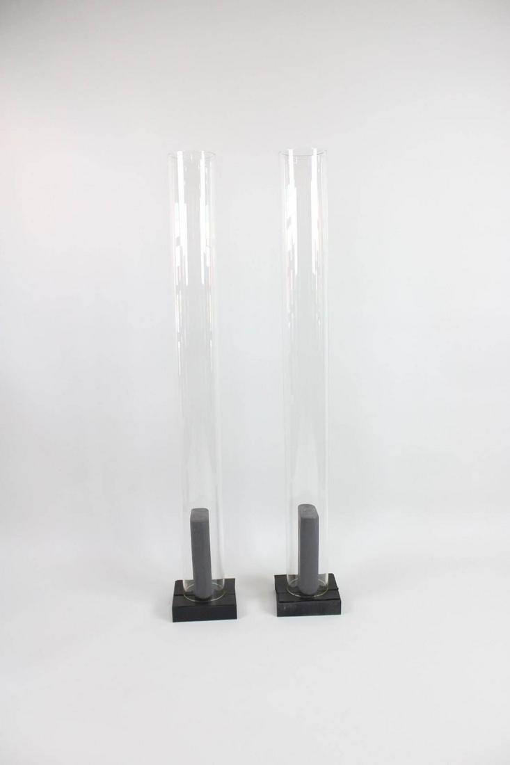 Pair of Oversized Scientific 5 Ft Pyrex Glass Cylinders Tubes on Custom Bases, 1962: Pair of Huge 5 Ft Pyrex Glass Cylinders Tubes on Black Bases, 1962. Giant glass cylinders are marked Pyrex, have labels marked Nov. 1962, and stand on heavy black bases. We are not sure what the origi