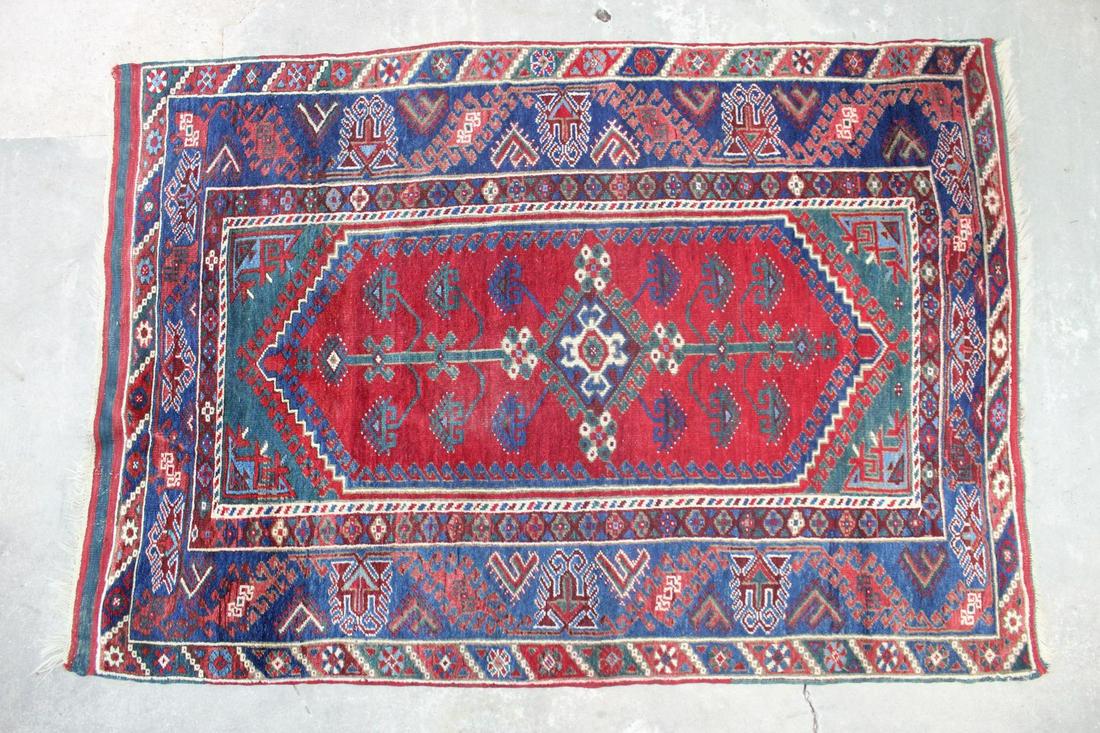 5.5-ft Red & Blue Handmade Wool Oriental Rug with Intricate Designs & Border (1 of 9)
